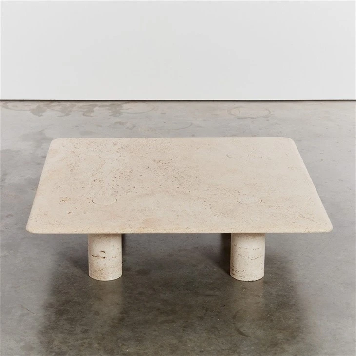 Table de salle à manger en travertin Plateau de table carré Support de colonne ronde