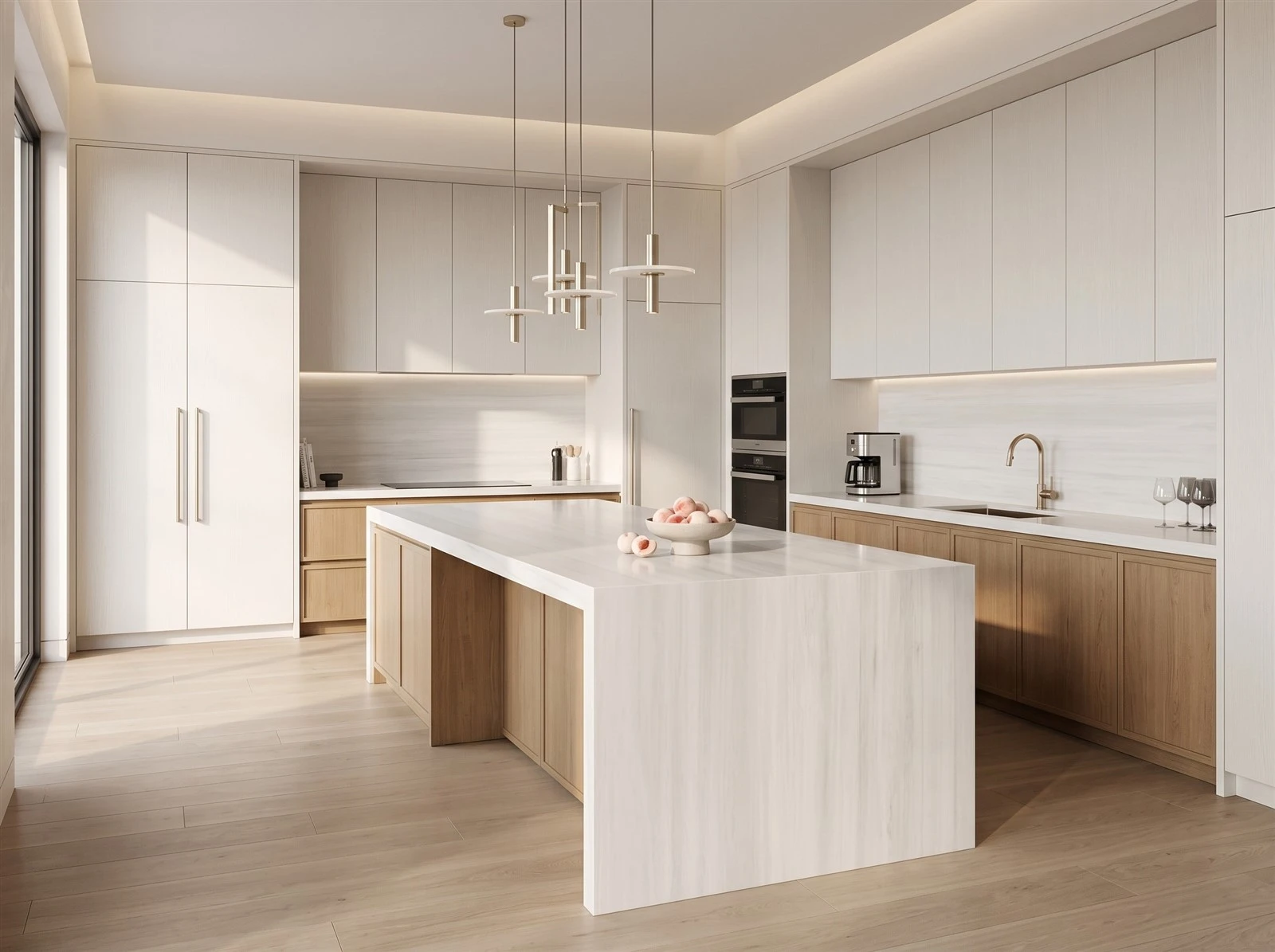 Bianco Dolomite marble kitchen countertops and waterfall island installed with warm wood cabinetry Bianco Dolomite marble kitchen countertops and waterfall island installed with warm wood cabinetry