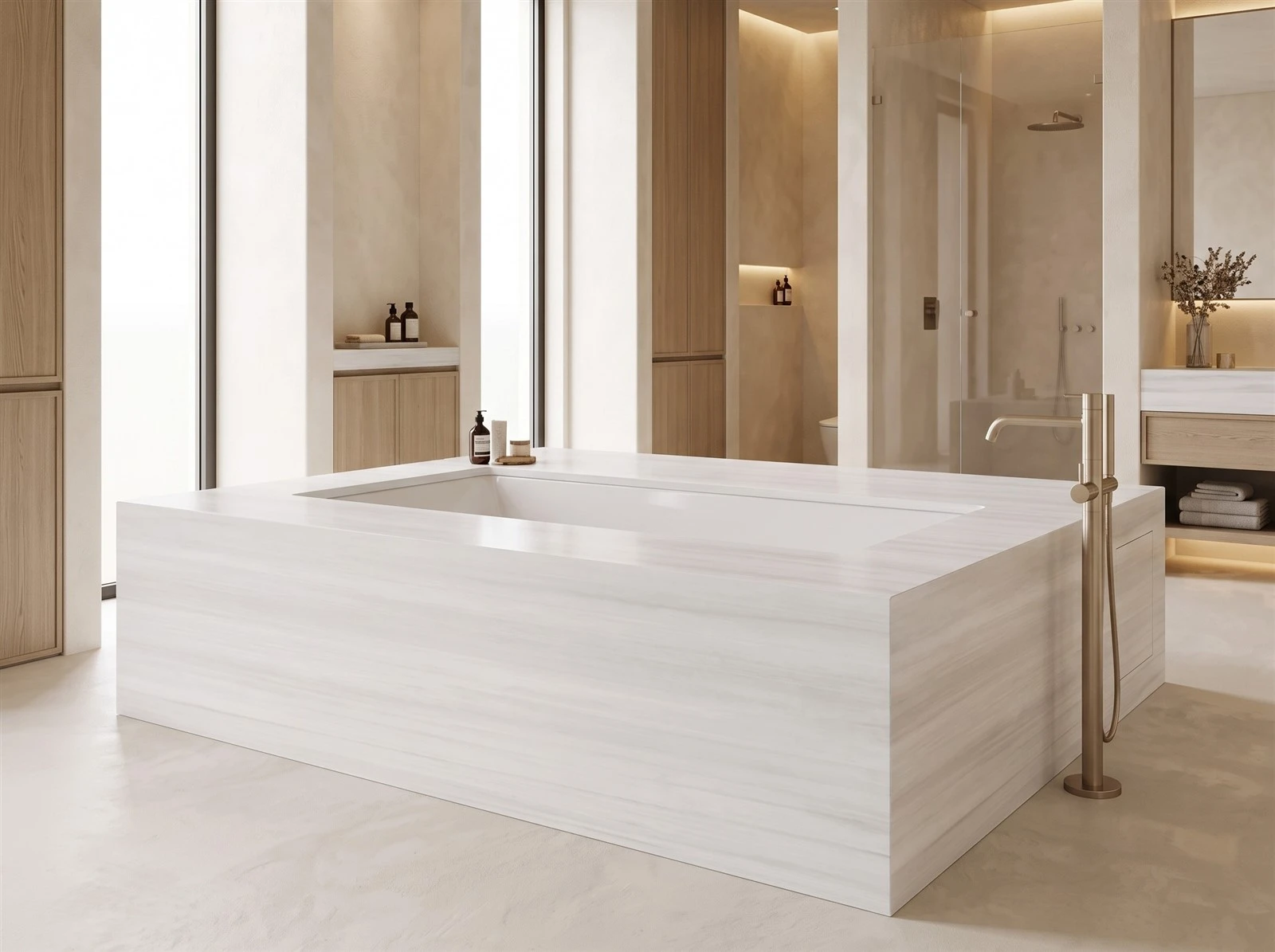 Bianco Dolomite marble bathtub deck with horizontally aligned veining and mitered corners in a custom bathroom Bianco Dolomite marble bathtub deck with horizontally aligned veining and mitered corners in a custom bathroom