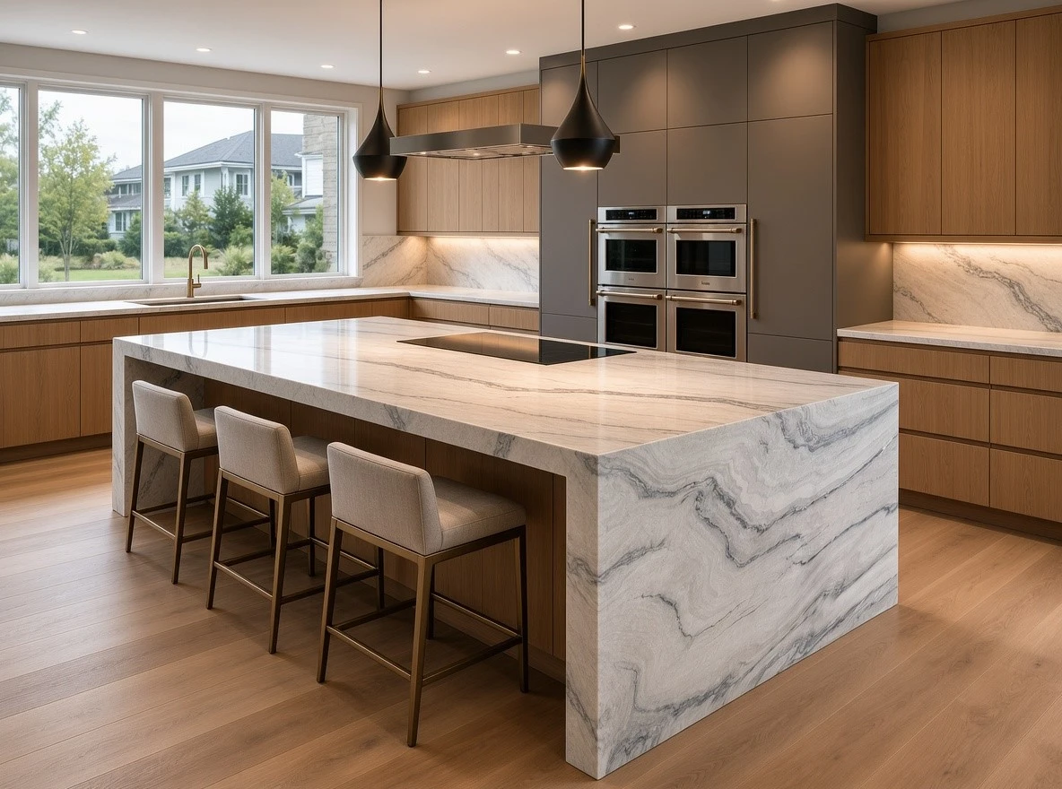 Luce Di Luna quartzite kitchen countertops and waterfall island with mitered edges in a luxury custom kitchen Luce Di Luna quartzite kitchen countertops and waterfall island with mitered edges in a luxury custom kitchen