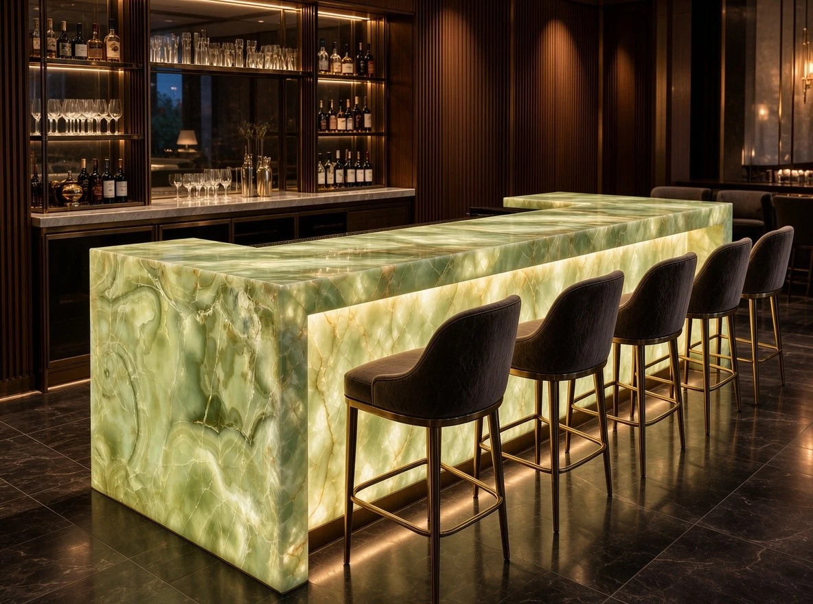 Backlit Green Onyx bar top with illuminated front panels and waterfall ends in a luxury home bar Backlit Green Onyx bar top with illuminated front panels and waterfall ends in a luxury home bar