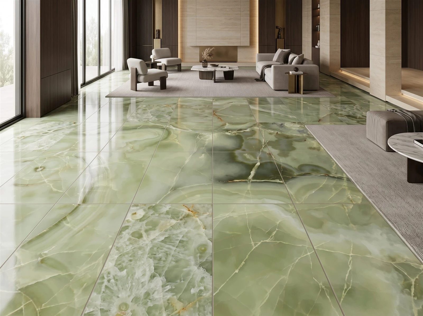 Green Onyx large-format floor tiles with visible grout joints in a luxury custom home living room Green Onyx large-format floor tiles with visible grout joints in a luxury custom home living room