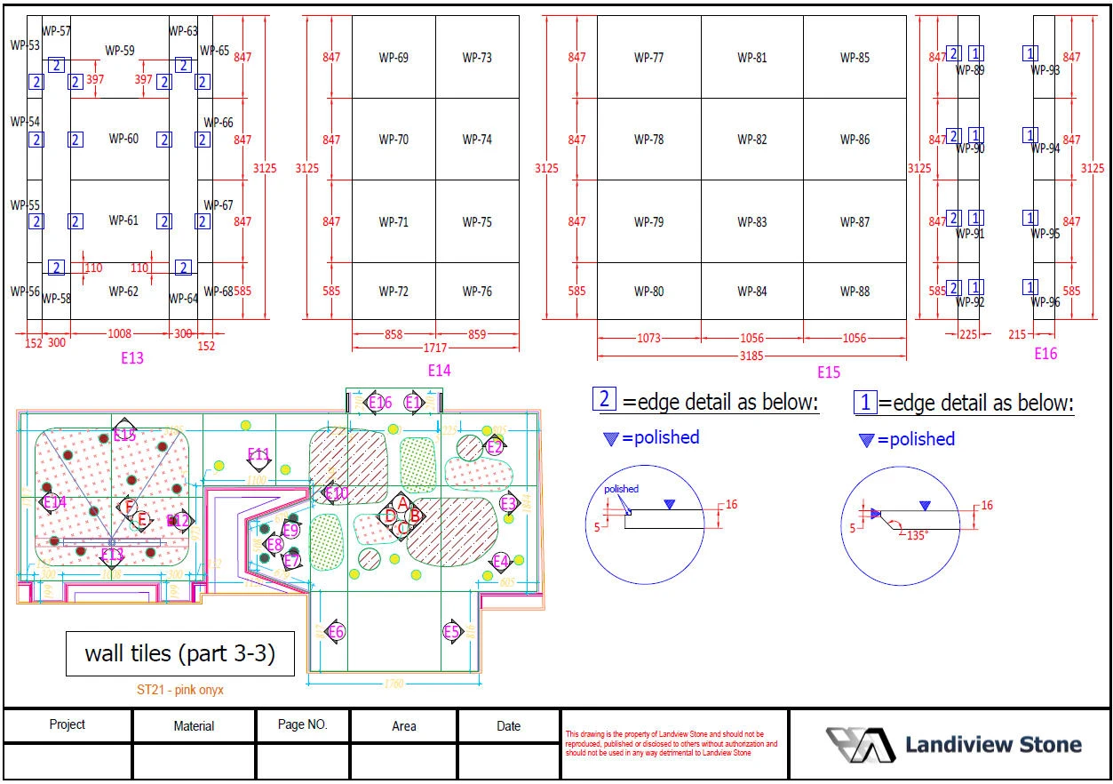 Landiview Stone shop drawings for custom 16 mm polished Pink Onyx wall tiles with piece numbers, dimensions and edge details. Landiview Stone shop drawings for custom 16 mm polished Pink Onyx wall tiles with piece numbers, dimensions and edge details.